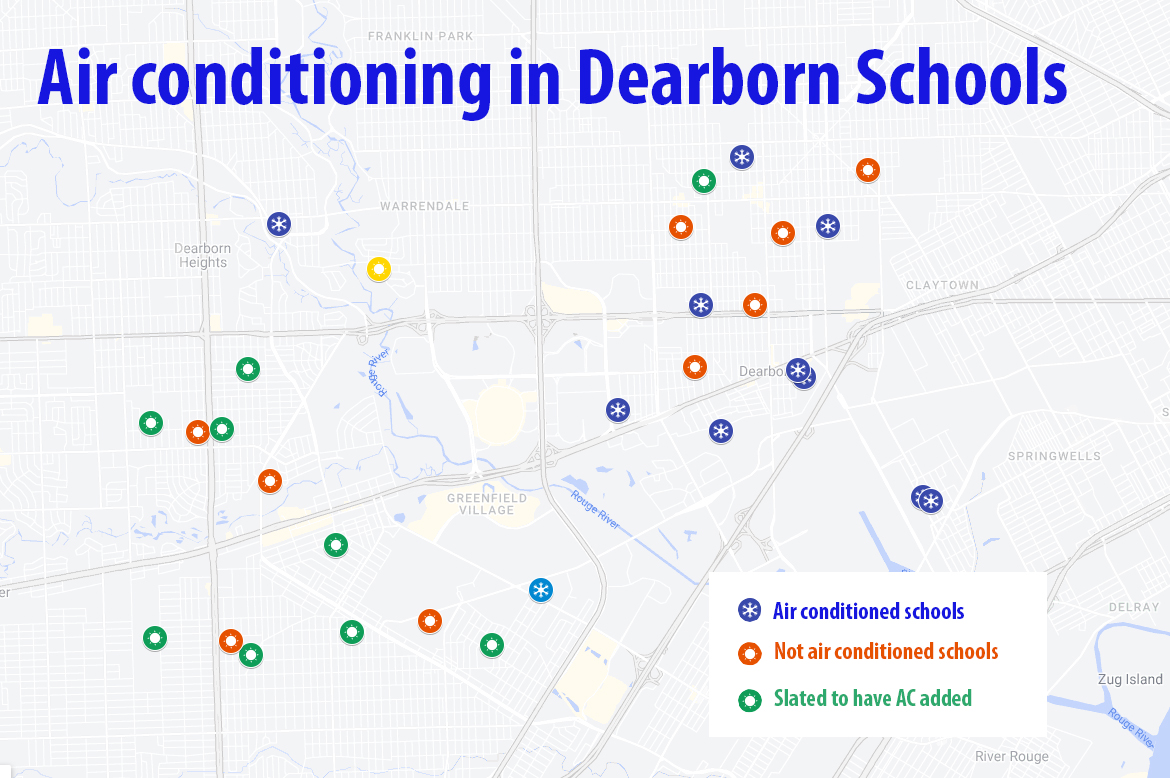 A map shows which schools in the district are air conditioned, which are not, and which are slated to have AC added.