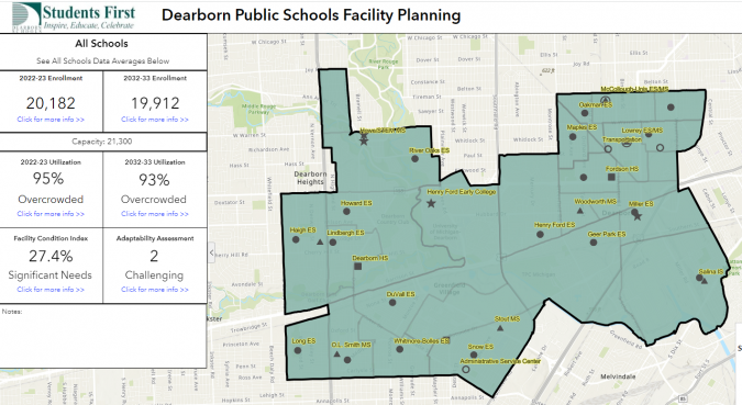 Map of district school showing building information
