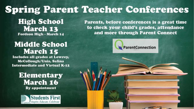 A graphic with spring parent-teacher conference dates