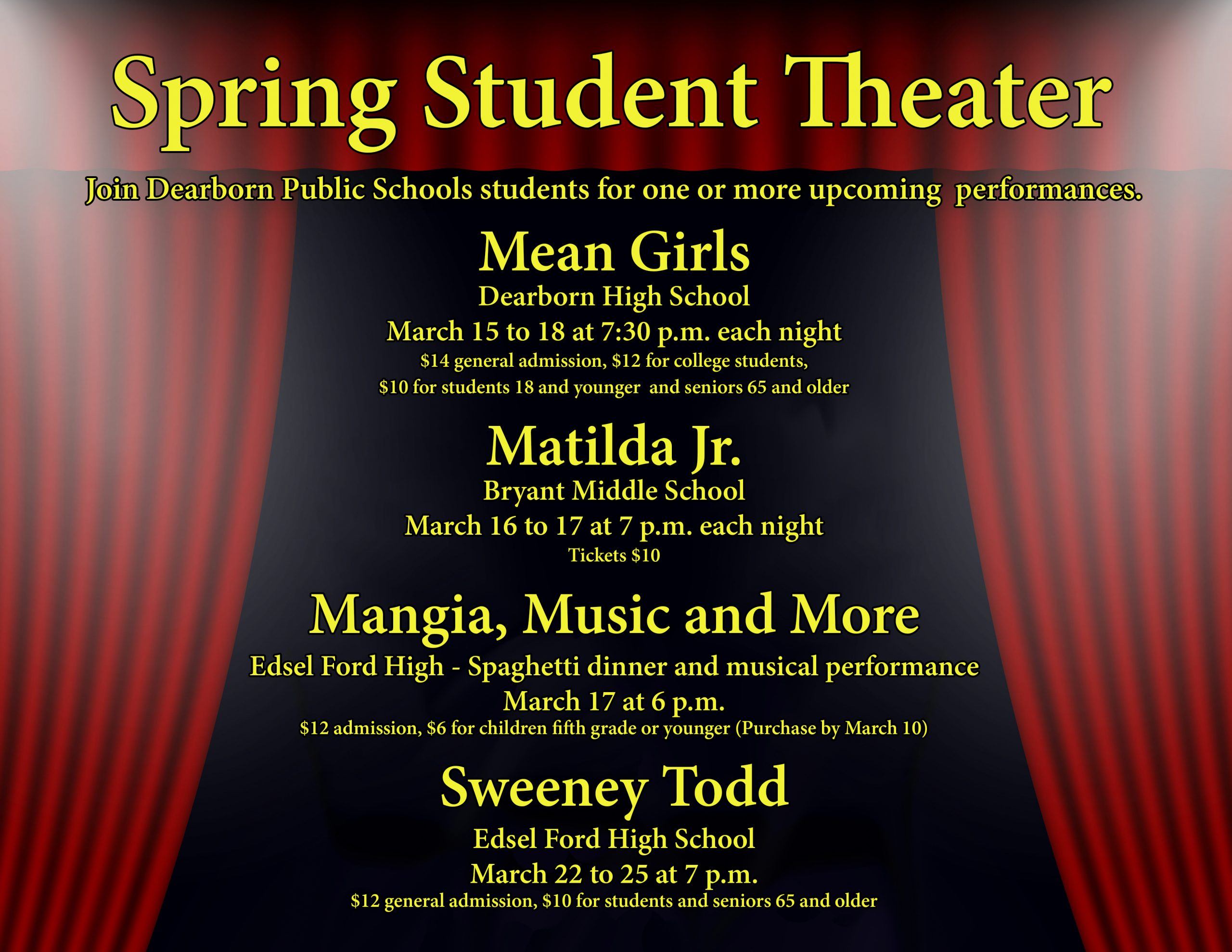 Flyer of four school musical events in March
