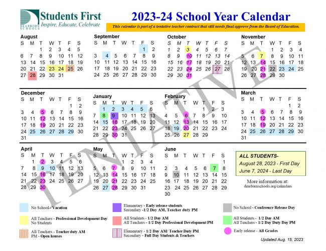 Graphic showing the district's tentative calendar updated 8-16-23