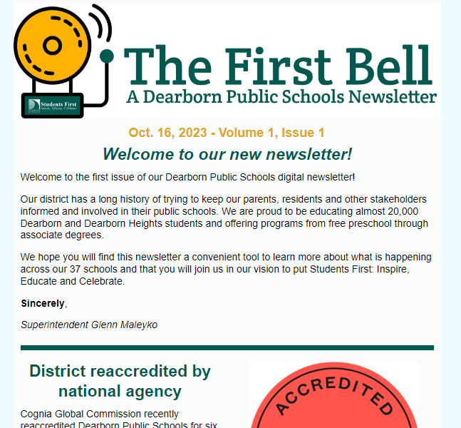 Screen shot of first digital The First Bell newsletter