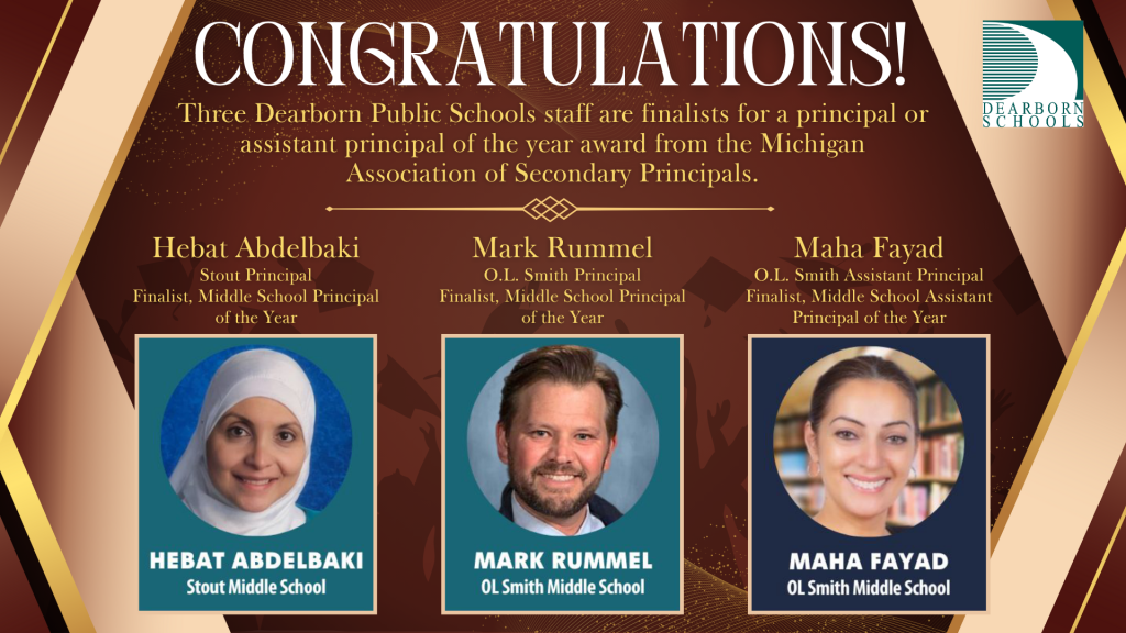 Graphic congratulating the three finalists for principal or assistant principal of the year awards.
