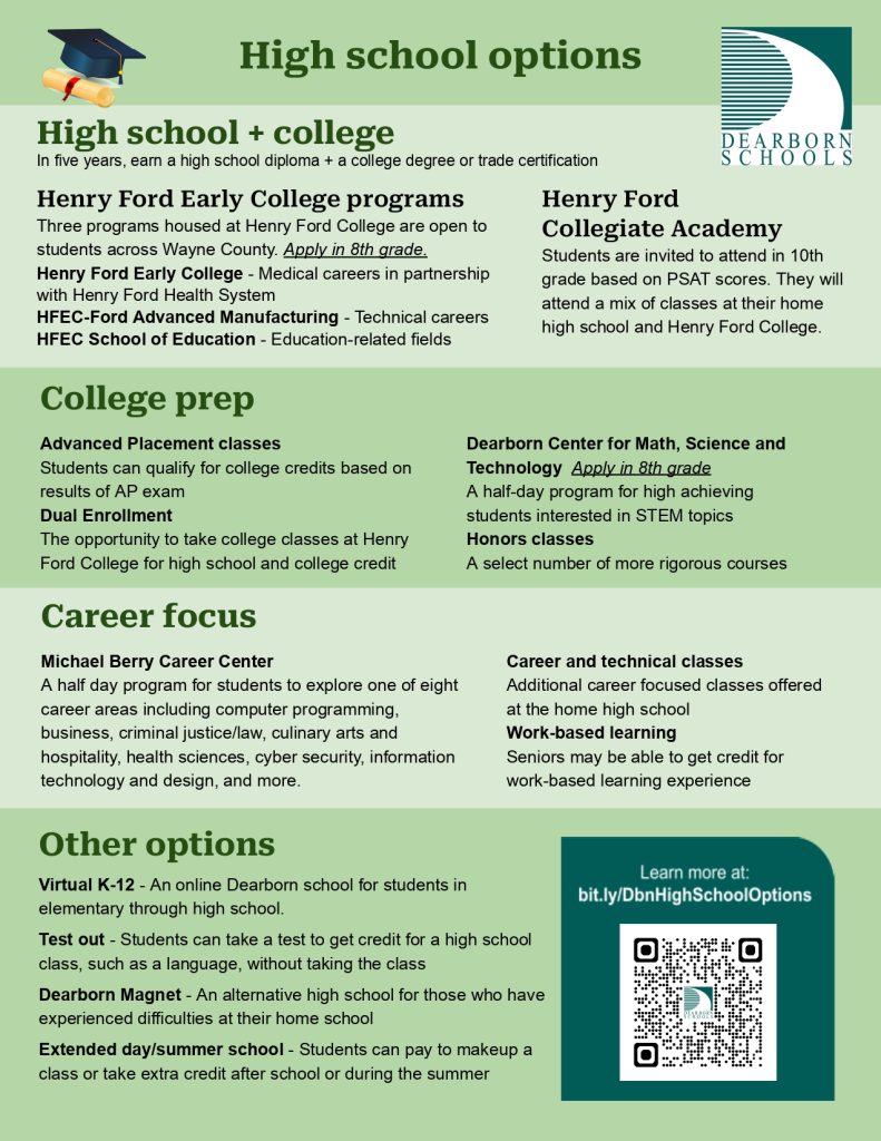 Flyer listing high school options in Dearborn Public Schools