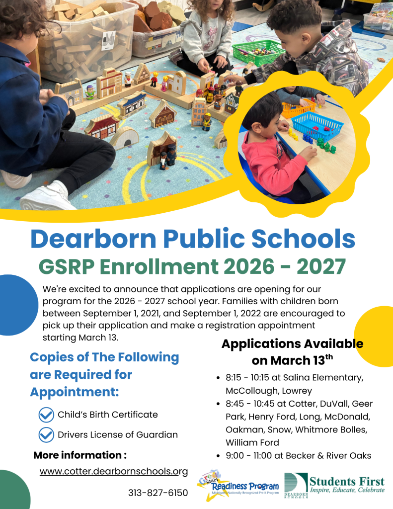 Flyer for GSRP enrollment form pickup on March 13, 2026.