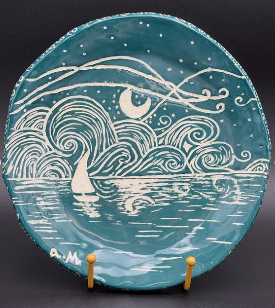 PR 36 Ceramic piece for art show A handmade and decorated plate with stars and water