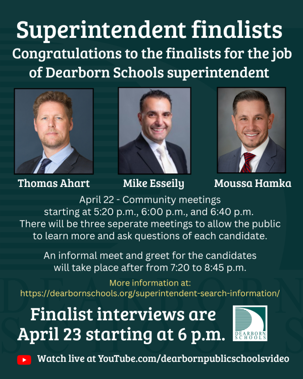 Graphic with the three finalists for Dearborn Schools superintendent