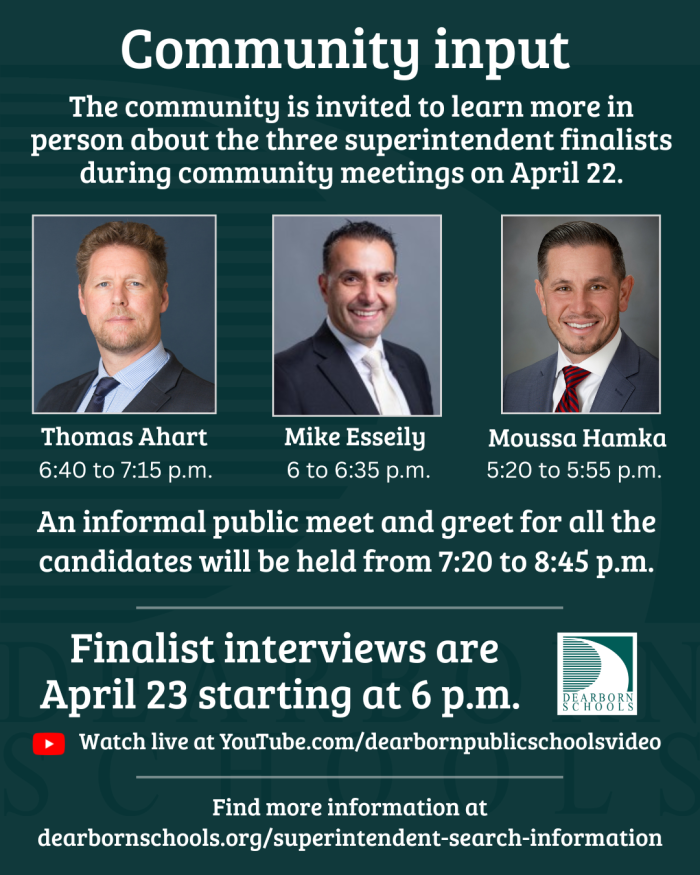 Graphic with details on how the community can meet the finalists for superintendent