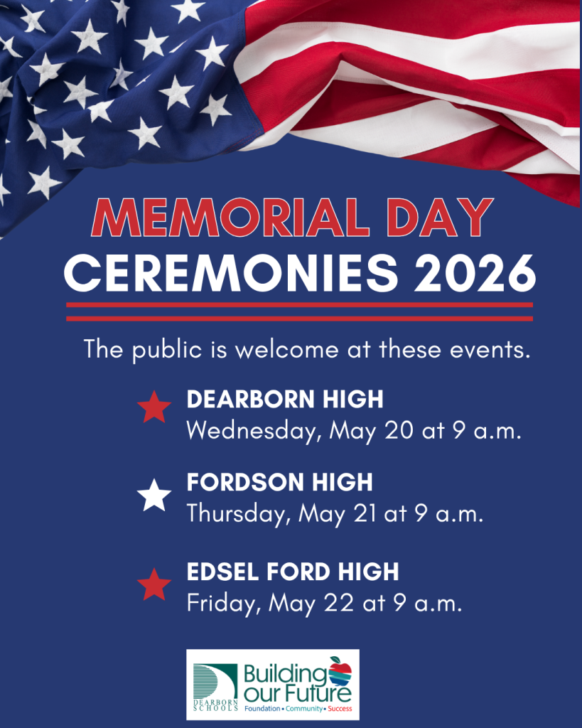 Graphic listing dates and times of 2026 Memorial Day ceremonies
