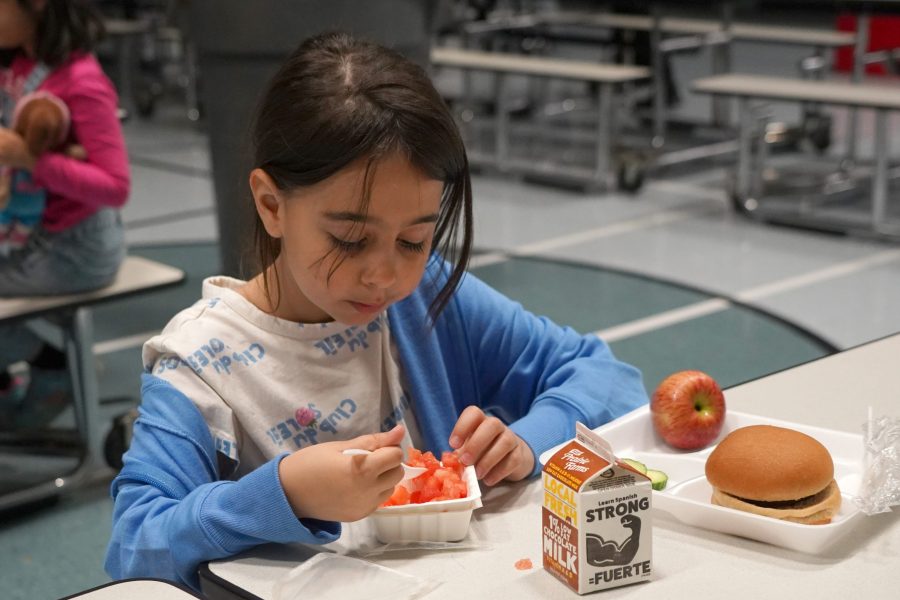 A student eats from a cup of fresh fruit during a school lunch