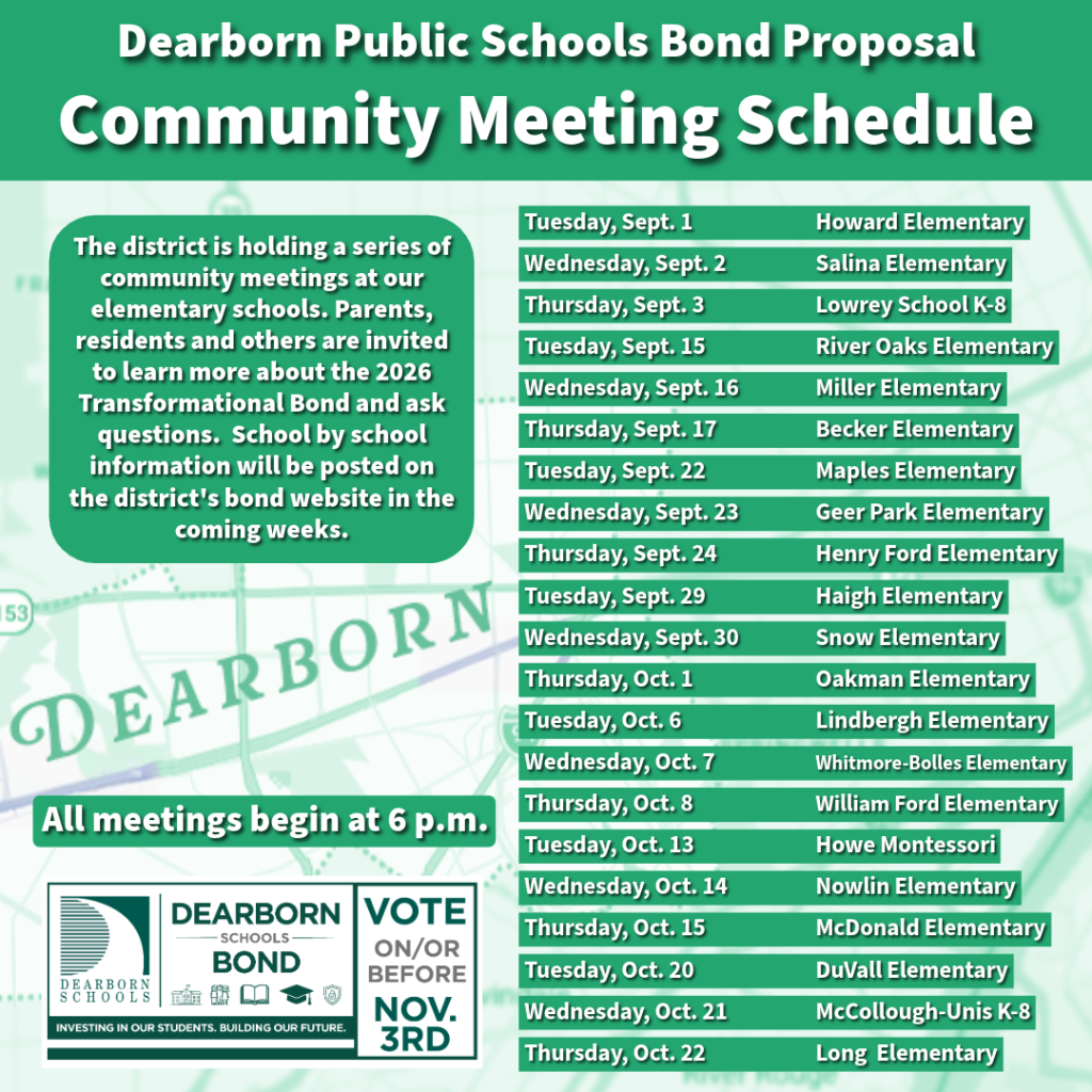 Graphic listing all of the 2026 bond community meetings